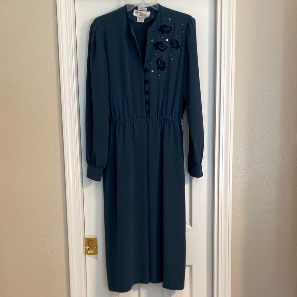 Adolph Schuman for Lilli Blue Sheath Dress with embellishment and Bishop Sleeves